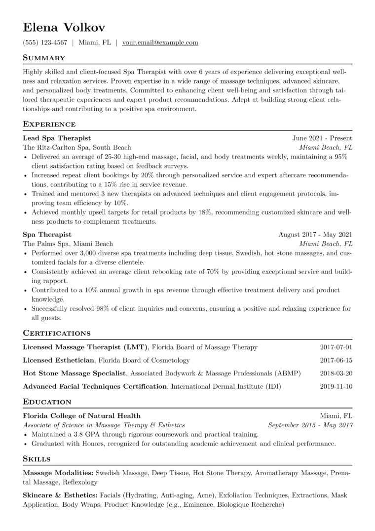 Spa Therapist Resume Example