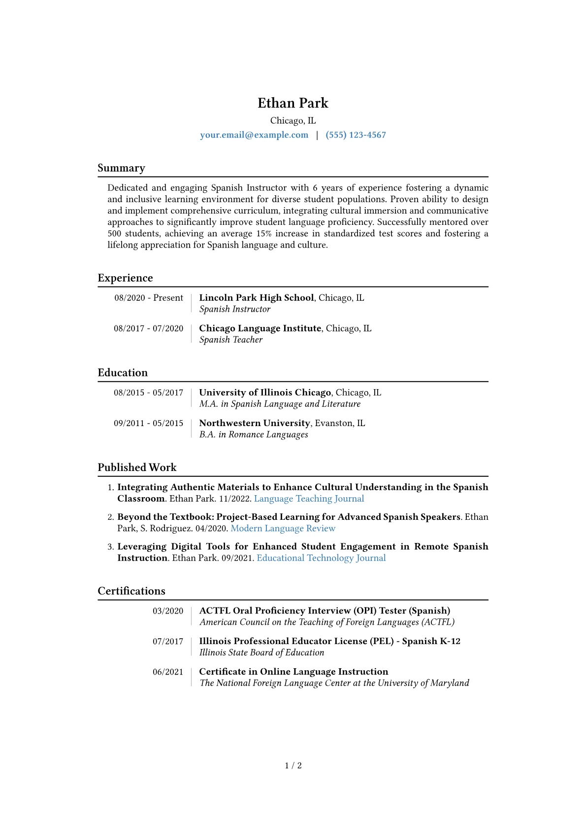 Spanish Instructor Resume Example CV template - Page 1