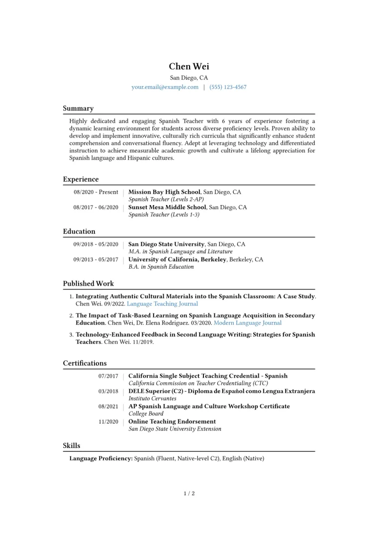 Spanish Teacher Resume Example CV template preview