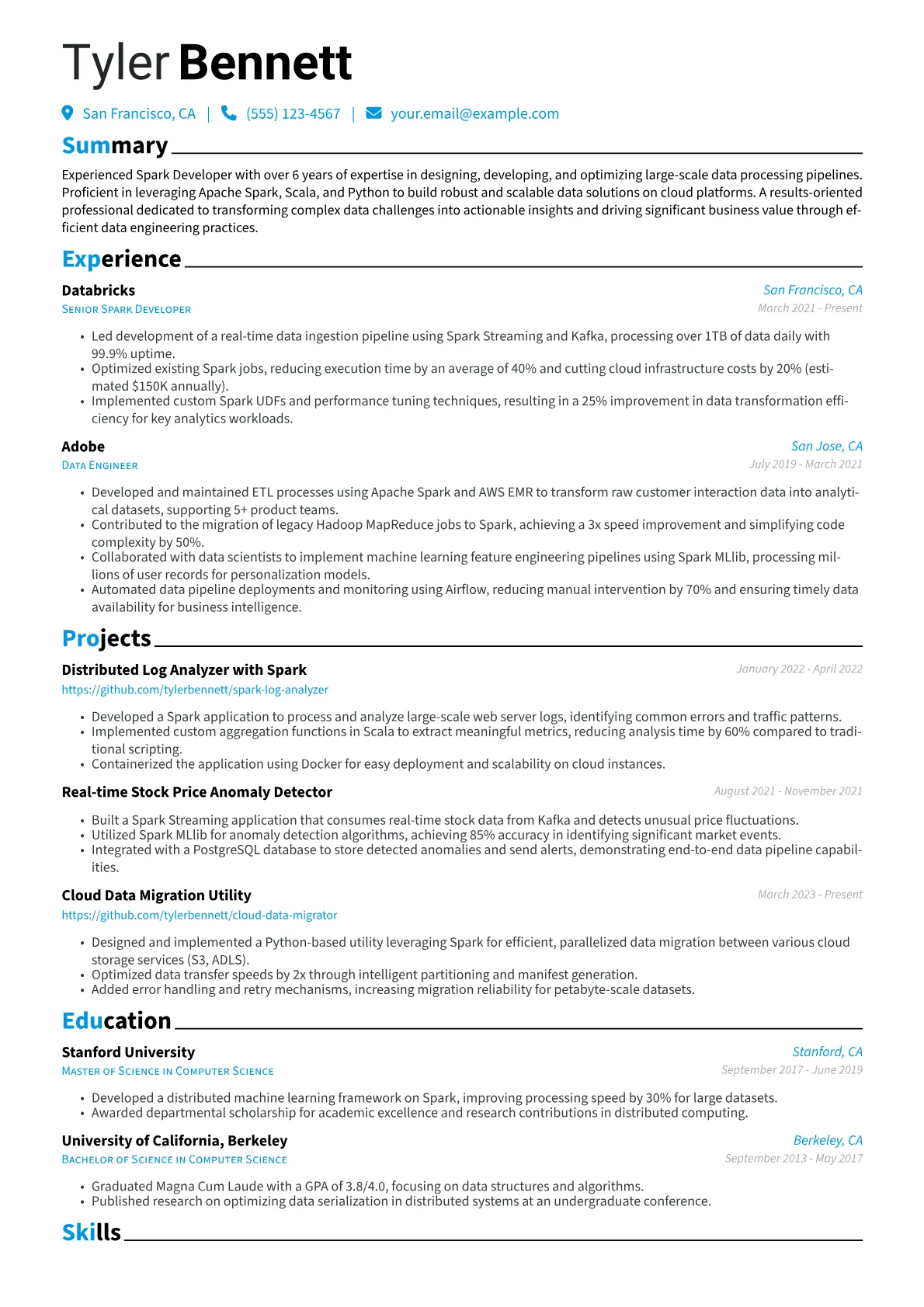 Spark Developer Resume Example CV template - Page 1