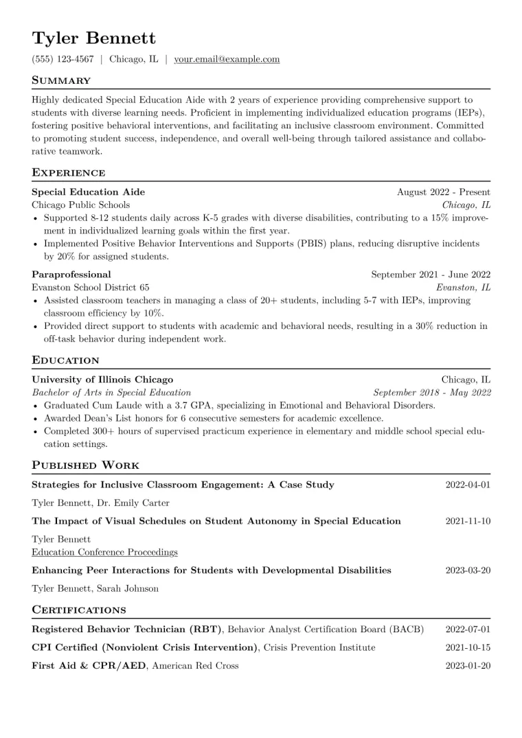 Special Education Aide Resume Example CV template preview