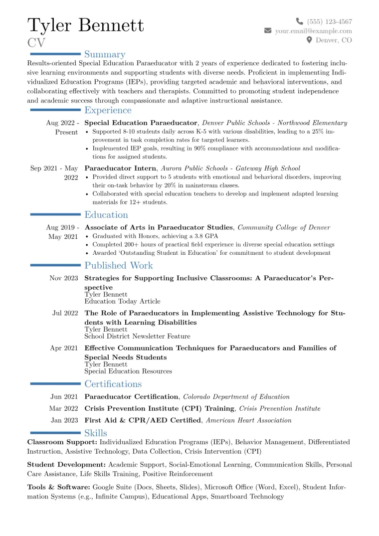 Special Education Paraeducator Resume Example CV template preview