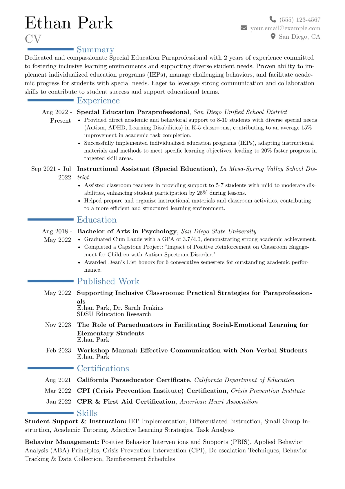 Special Education Paraprofessional Resume Example CV template - Page 1