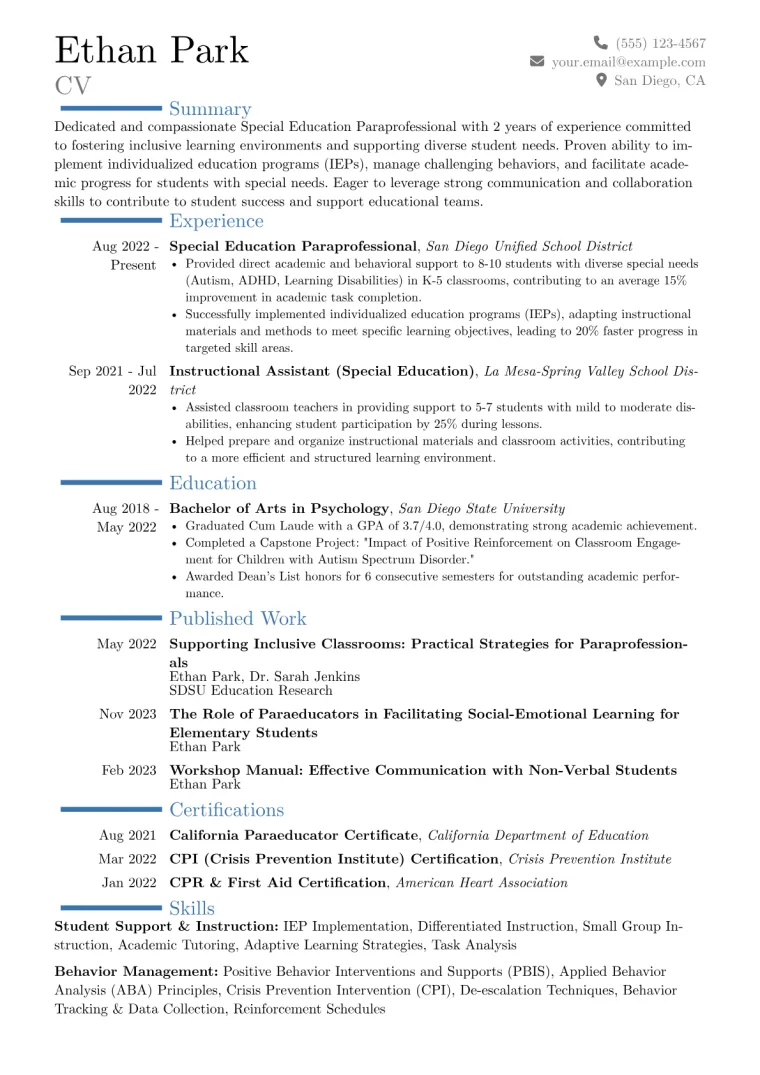 Special Education Paraprofessional Resume Example CV template preview