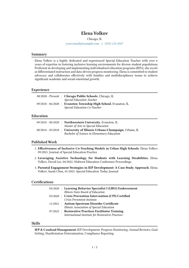 Special Education Teacher Resume Example CV template preview