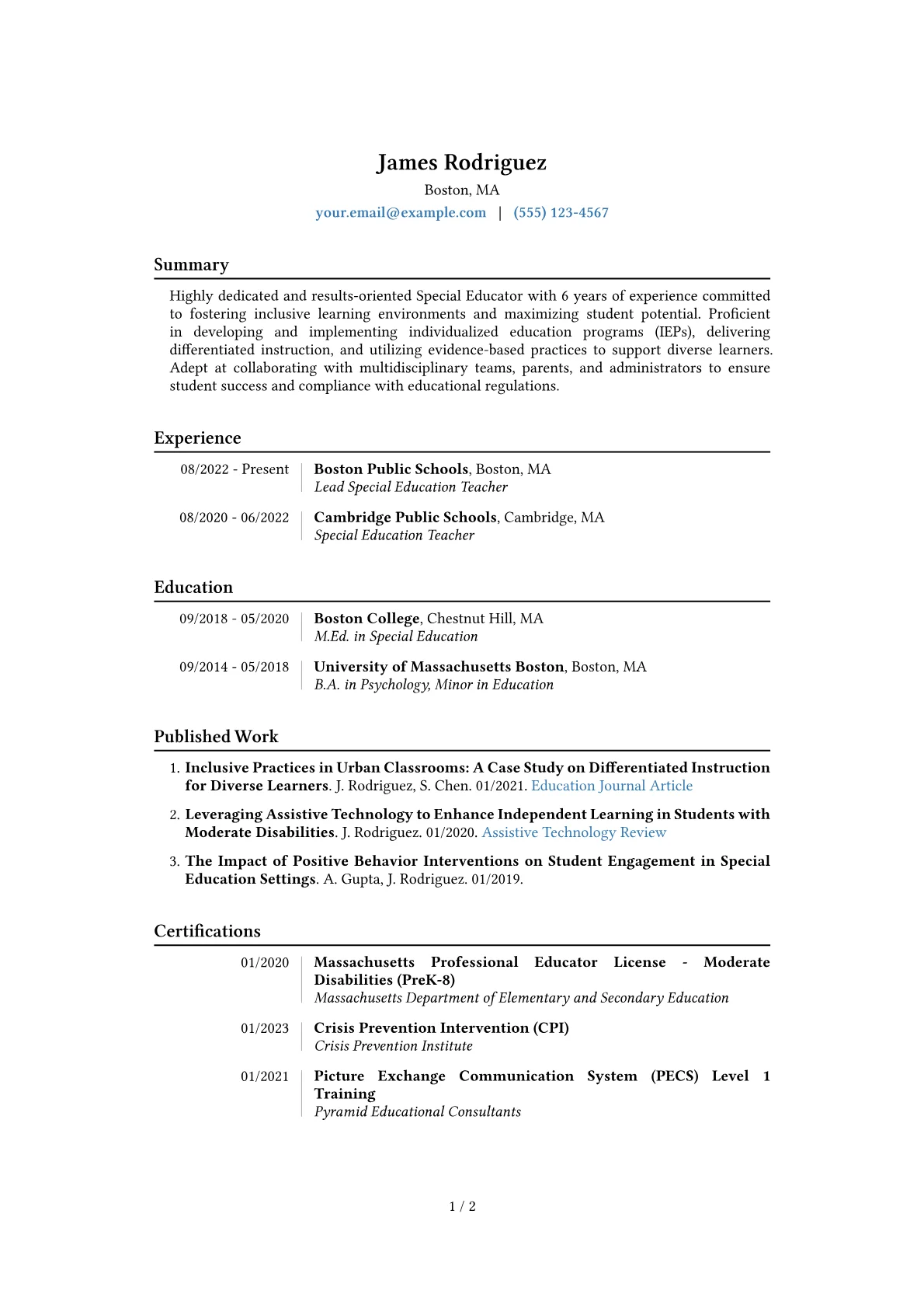 Special Educator Resume Example CV template - Page 1