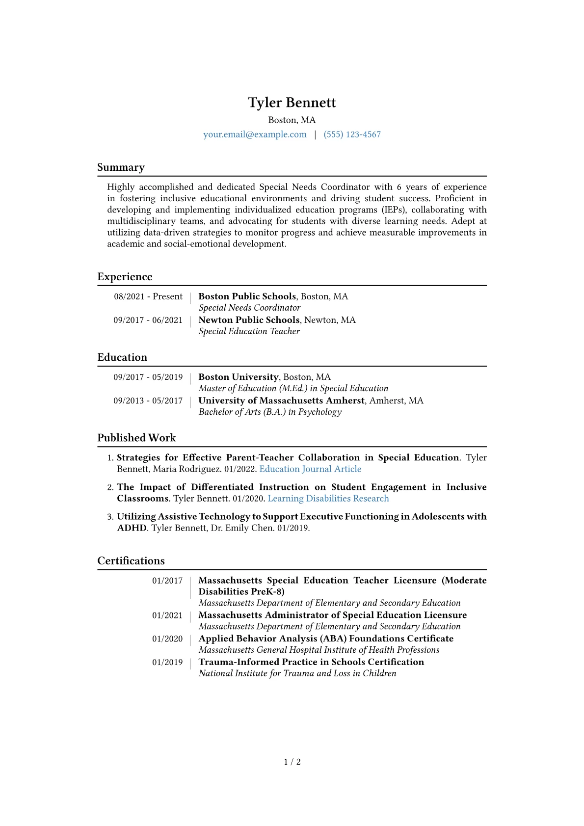 Special Needs Coordinator Resume Example CV template - Page 1