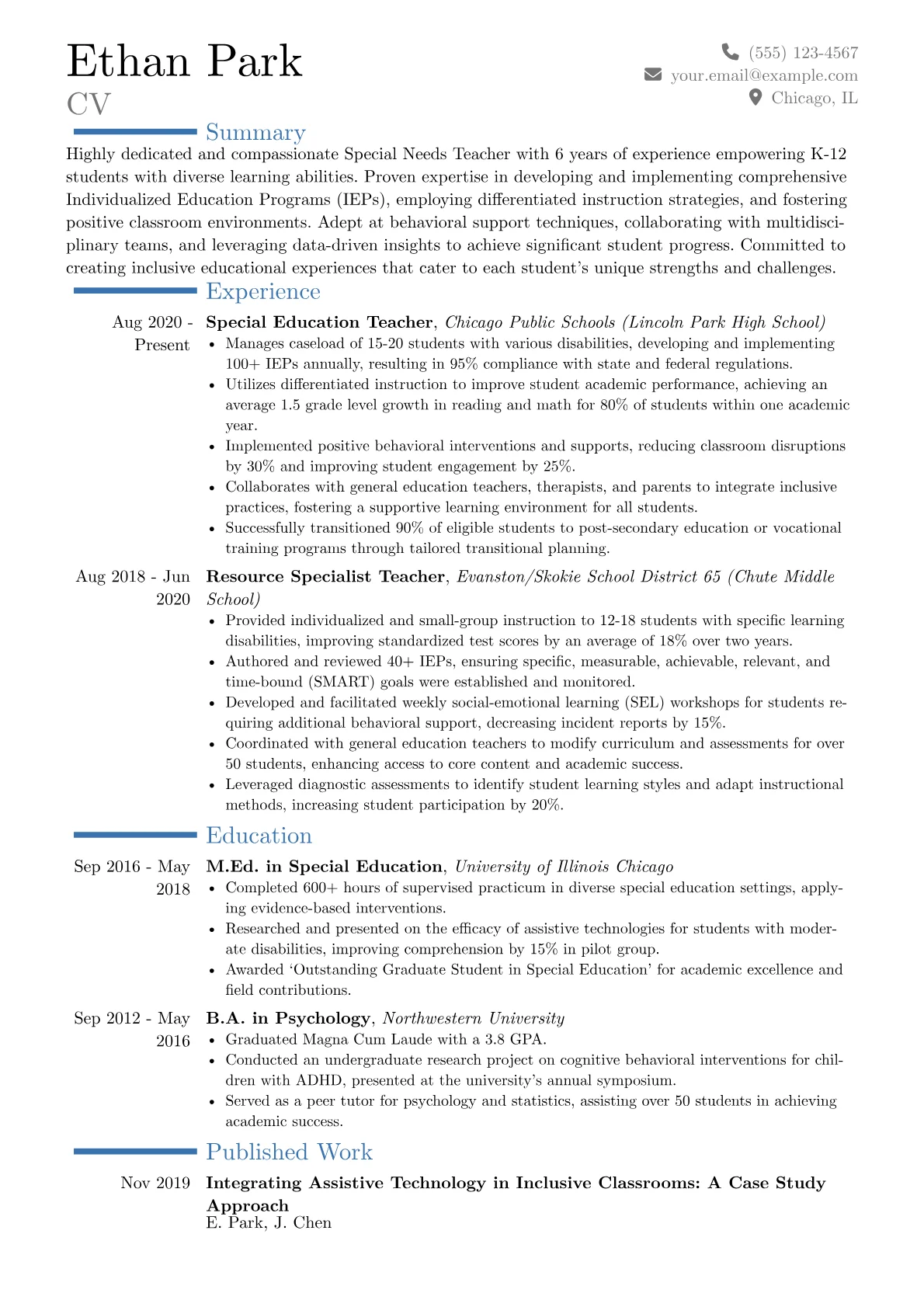 Special Needs Teacher Resume Example CV template - Page 1