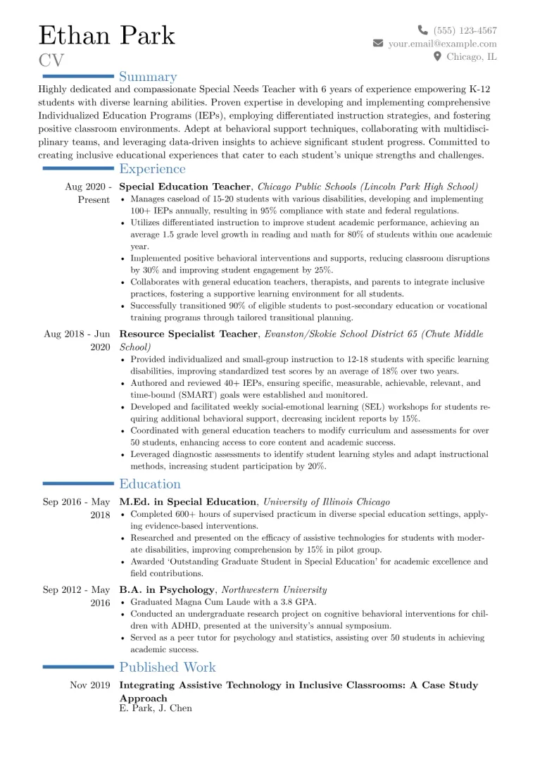 Special Needs Teacher Resume Example CV template preview