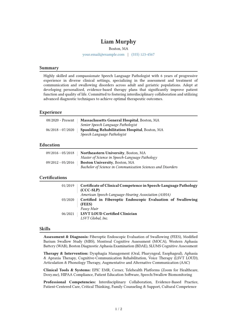Speech Language Pathologist Resume Example CV template preview