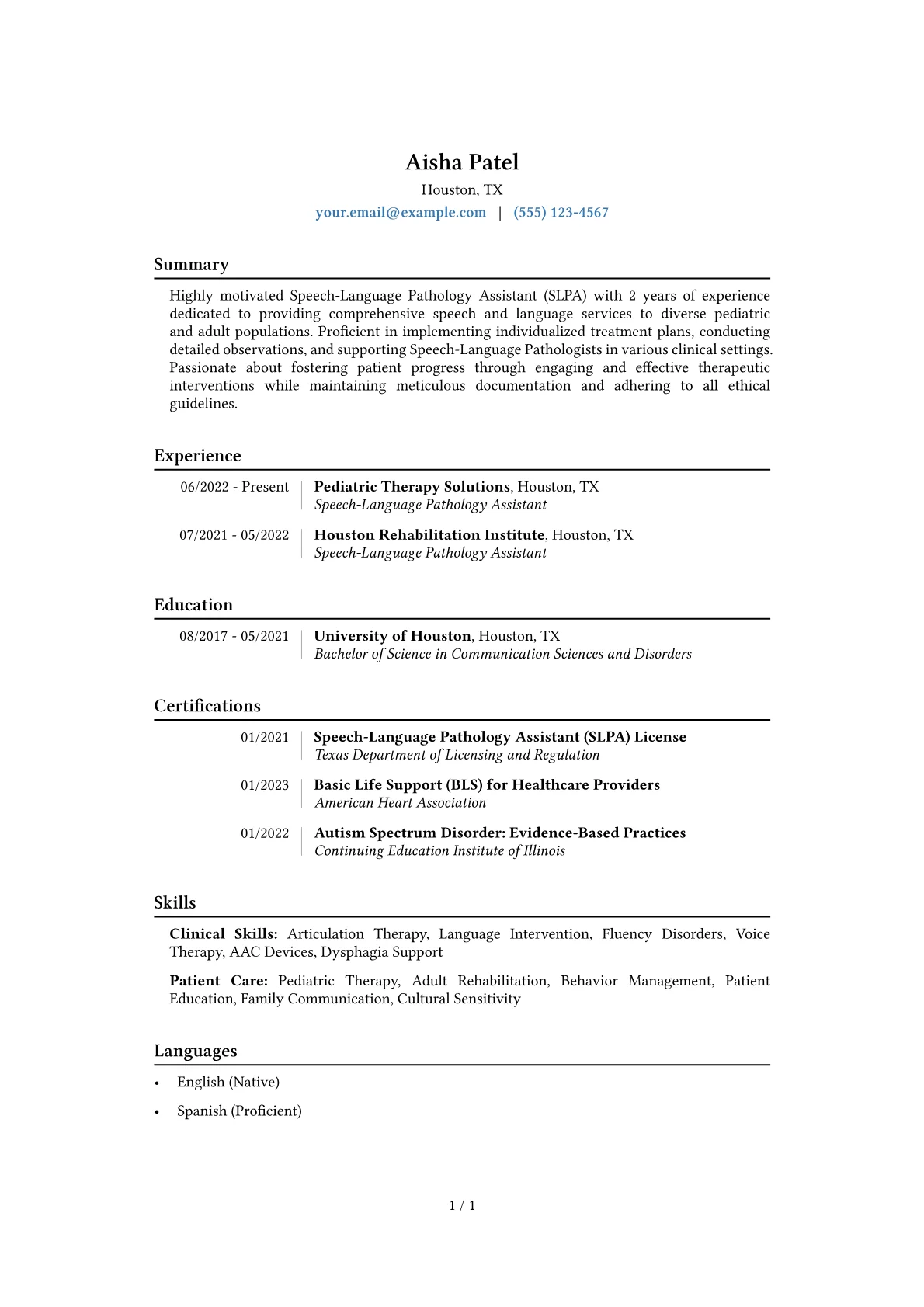 Speech-Language Pathology Assistant Resume Example CV template - Page 1