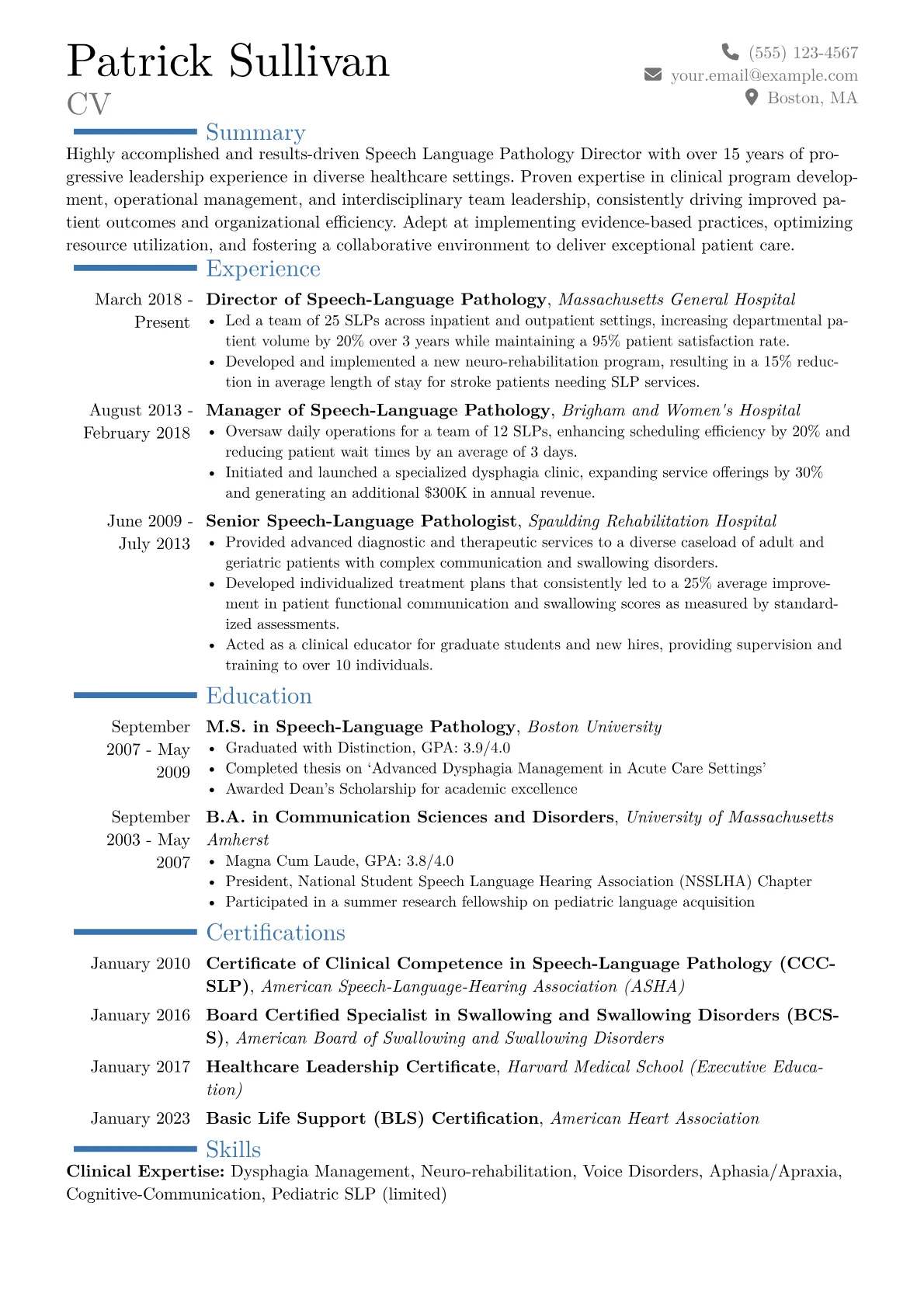 Speech Language Pathology Director Resume Example CV template - Page 1