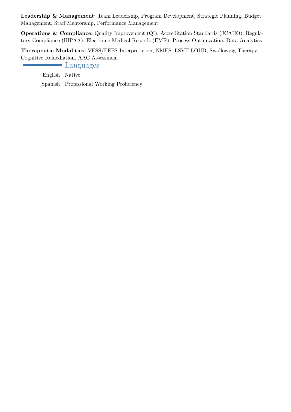 Speech Language Pathology Director Resume Example CV template - Page 2