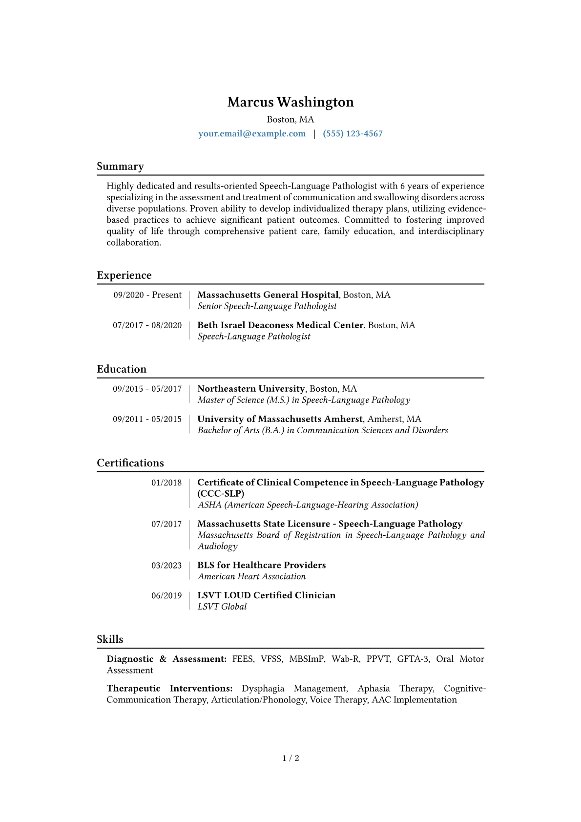 Speech Pathologist Resume Example CV template - Page 1