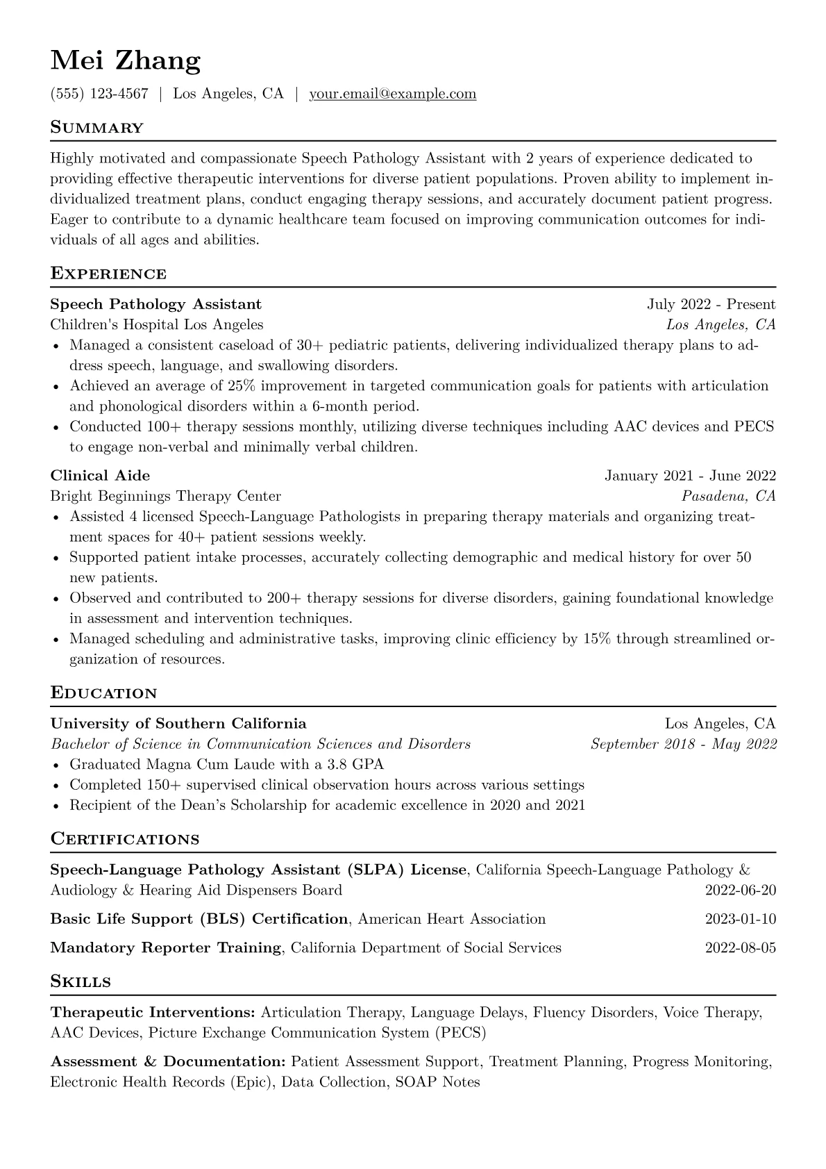 Speech Pathology Assistant Resume Example CV template - Page 1