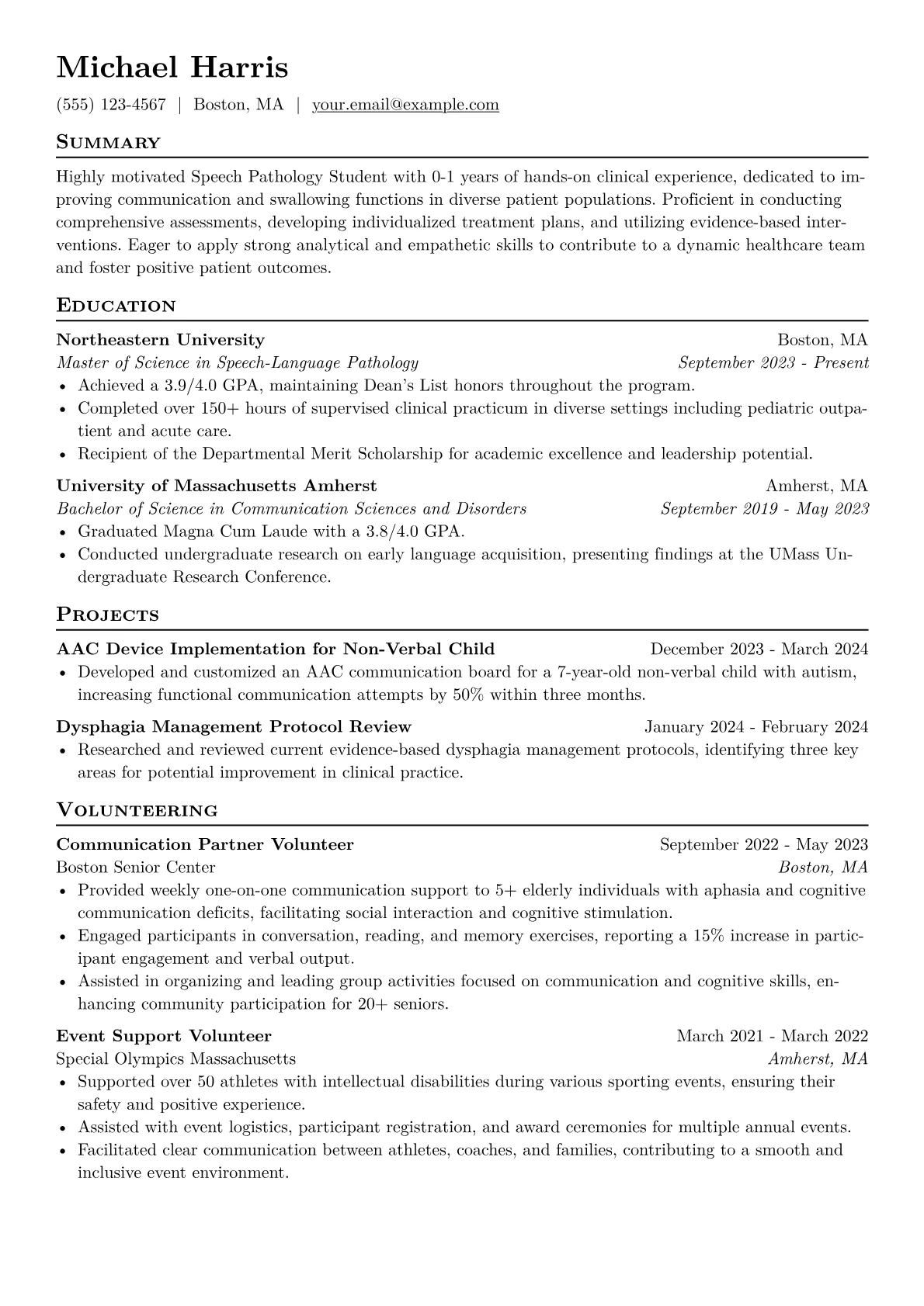 Speech Pathology Student Resume Example CV template - Page 1