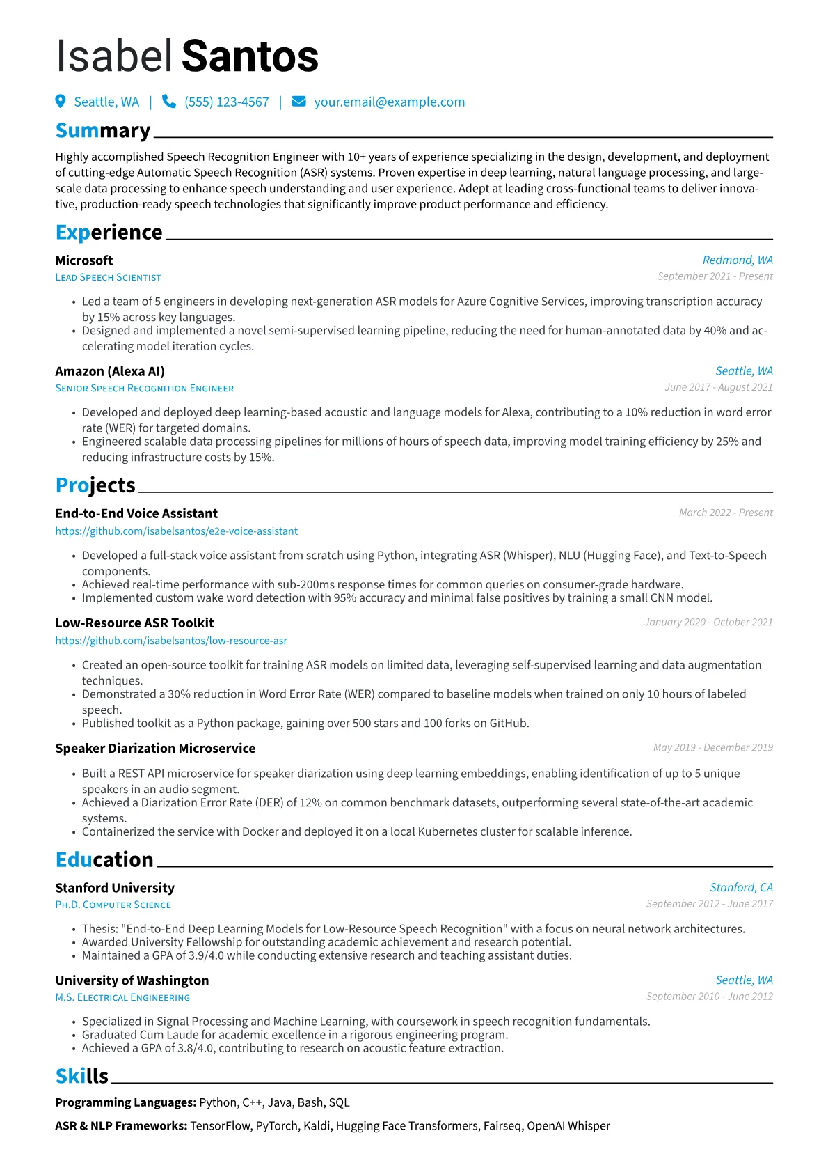 Speech Recognition Engineer Resume Example CV template - Page 1