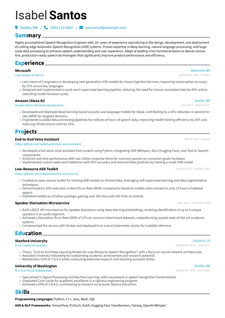 Speech Recognition Engineer Resume Example CV template preview