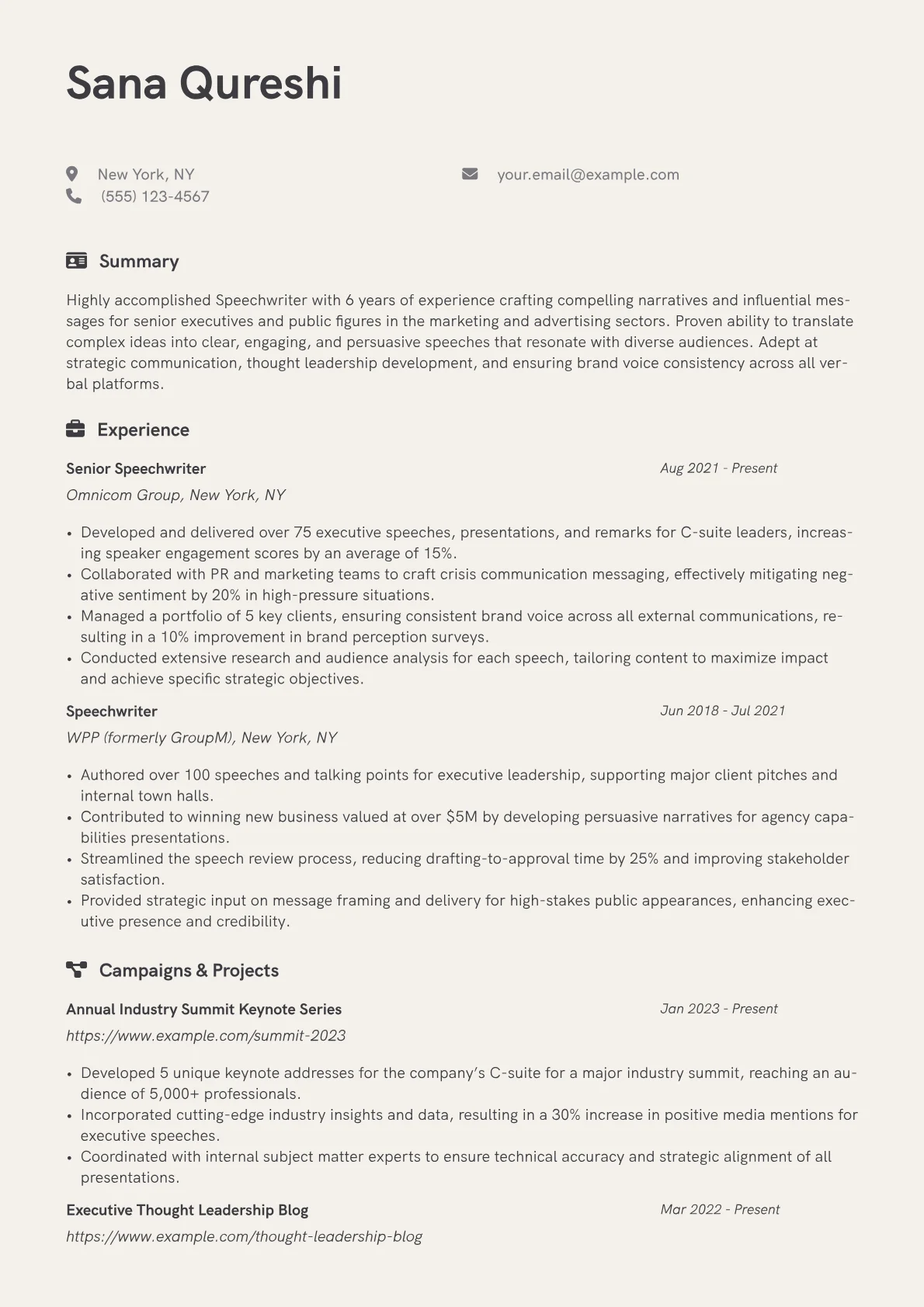 Speechwriter Resume Example CV template - Page 1