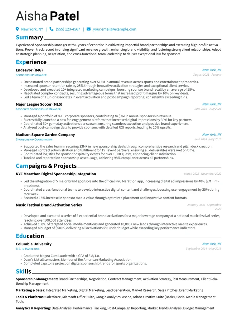 Sponsorship Manager Resume Example CV template preview