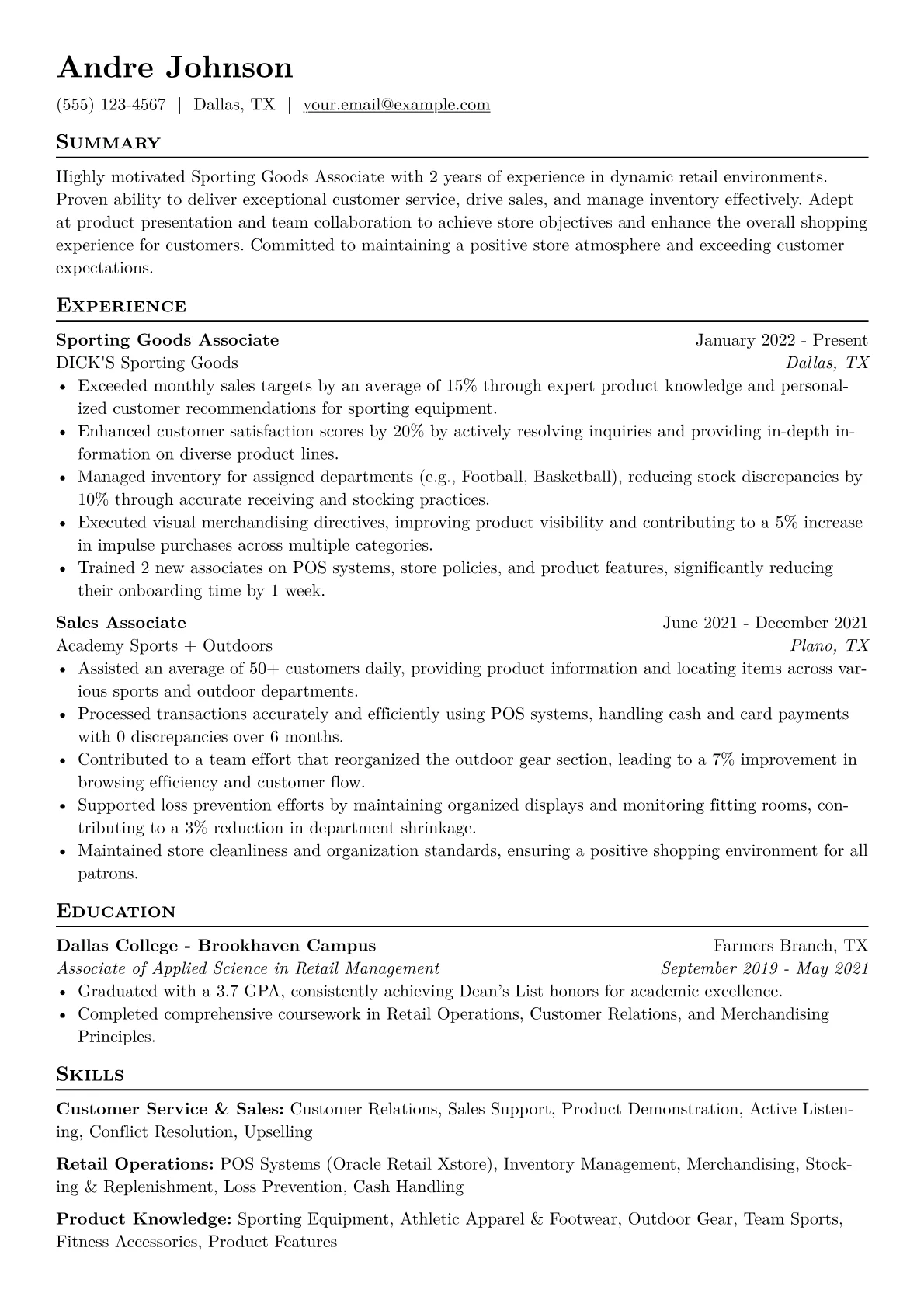 Sporting Goods Associate Resume Example CV template - Page 1