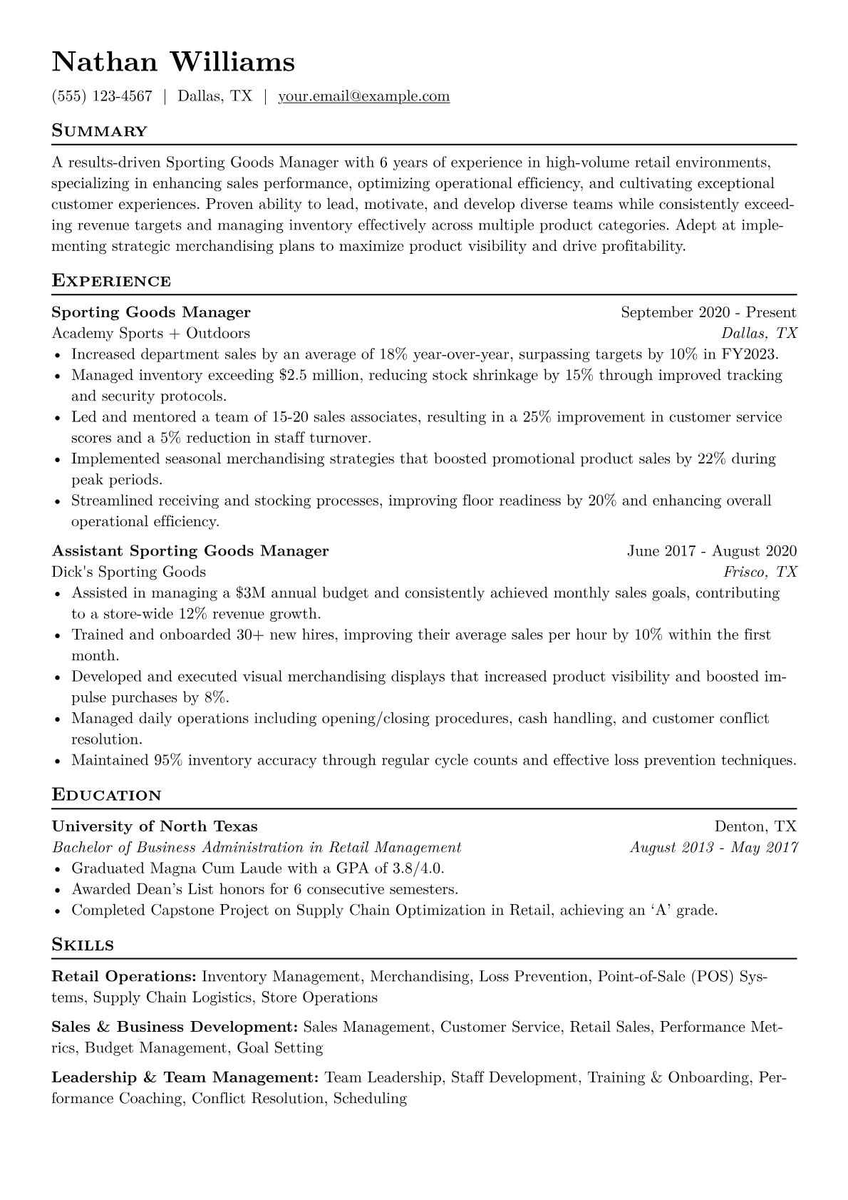 Sporting Goods Manager Resume Example CV template - Page 1