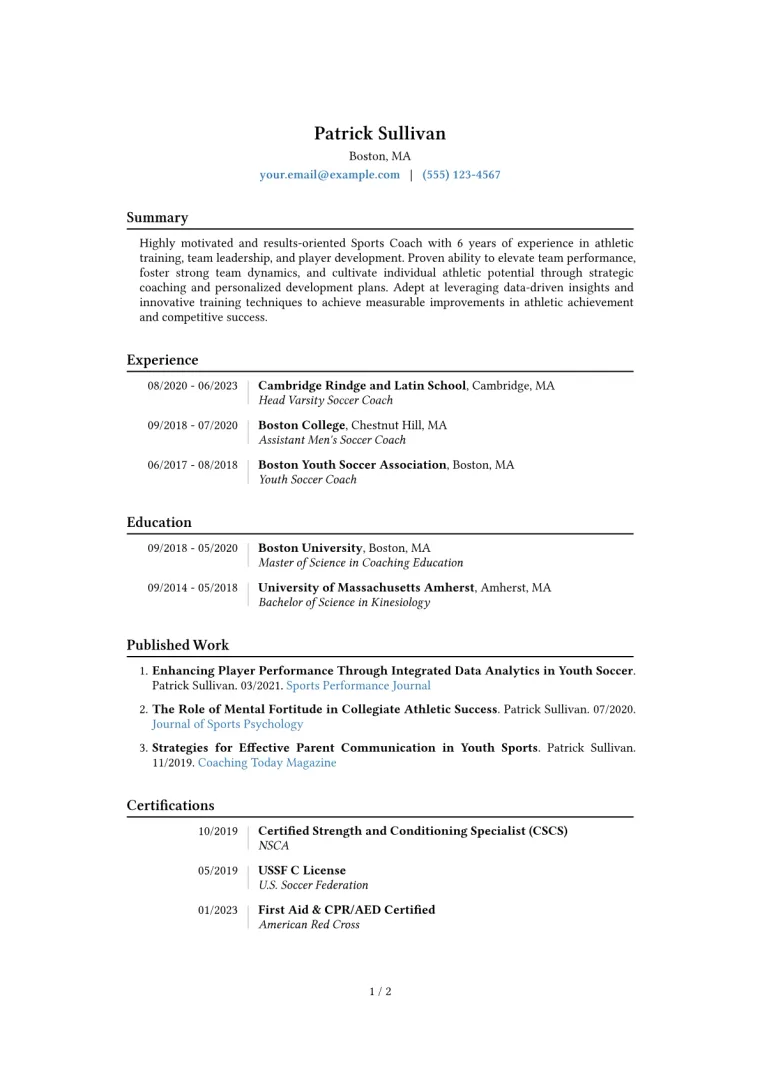 Sports Coach Resume Example CV template preview