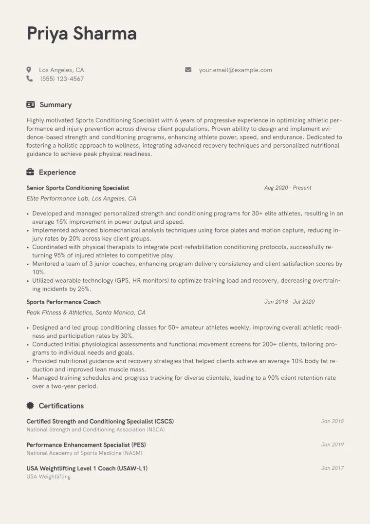 Sports Conditioning Specialist Resume Example CV template preview