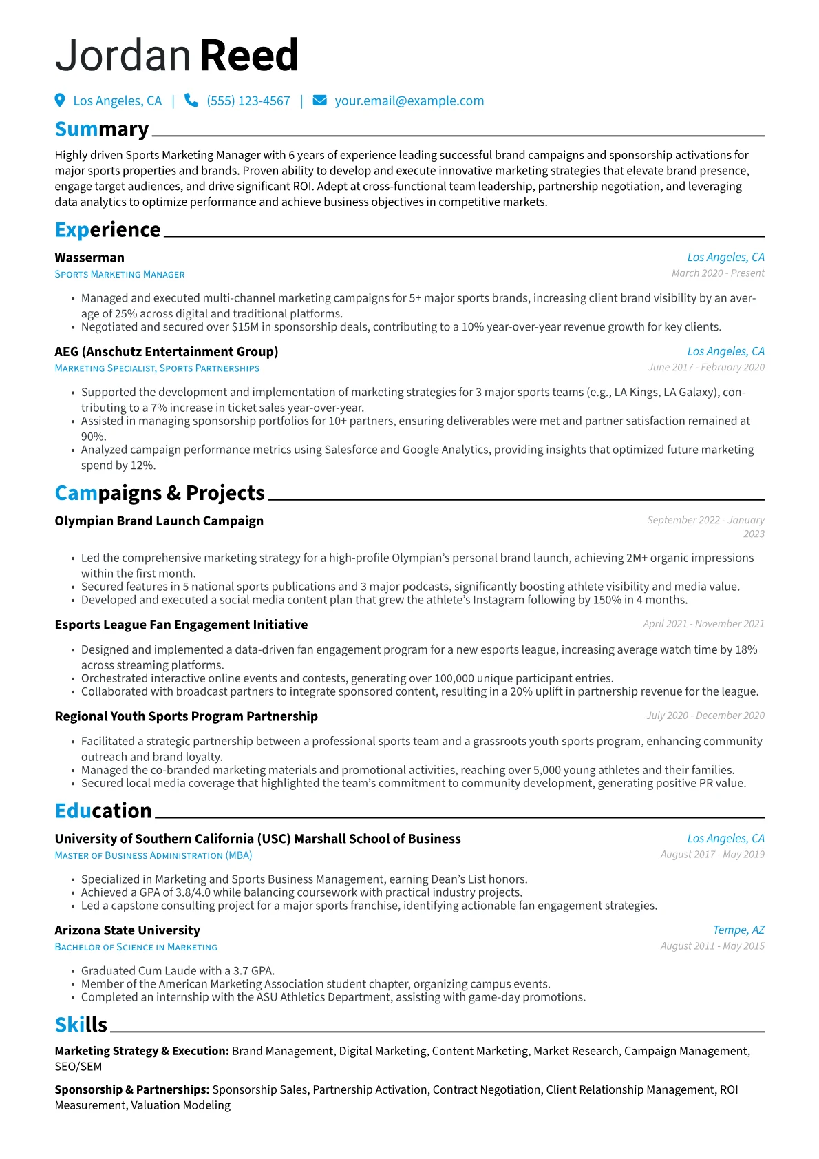 Sports Marketing Manager Resume Example CV template - Page 1