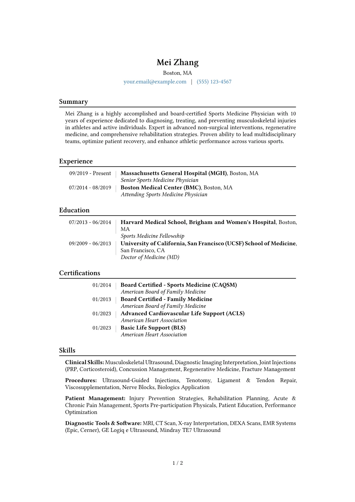 Sports Medicine Physician Resume Example CV template - Page 1