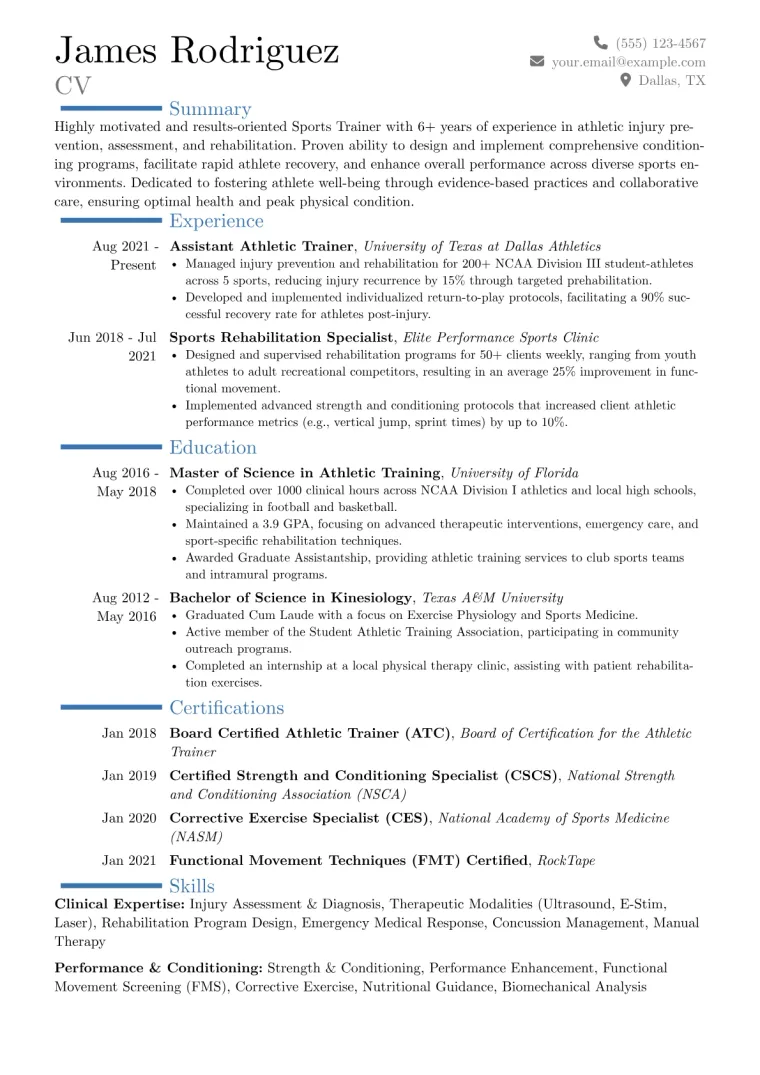 Sports Trainer Resume Example CV template preview