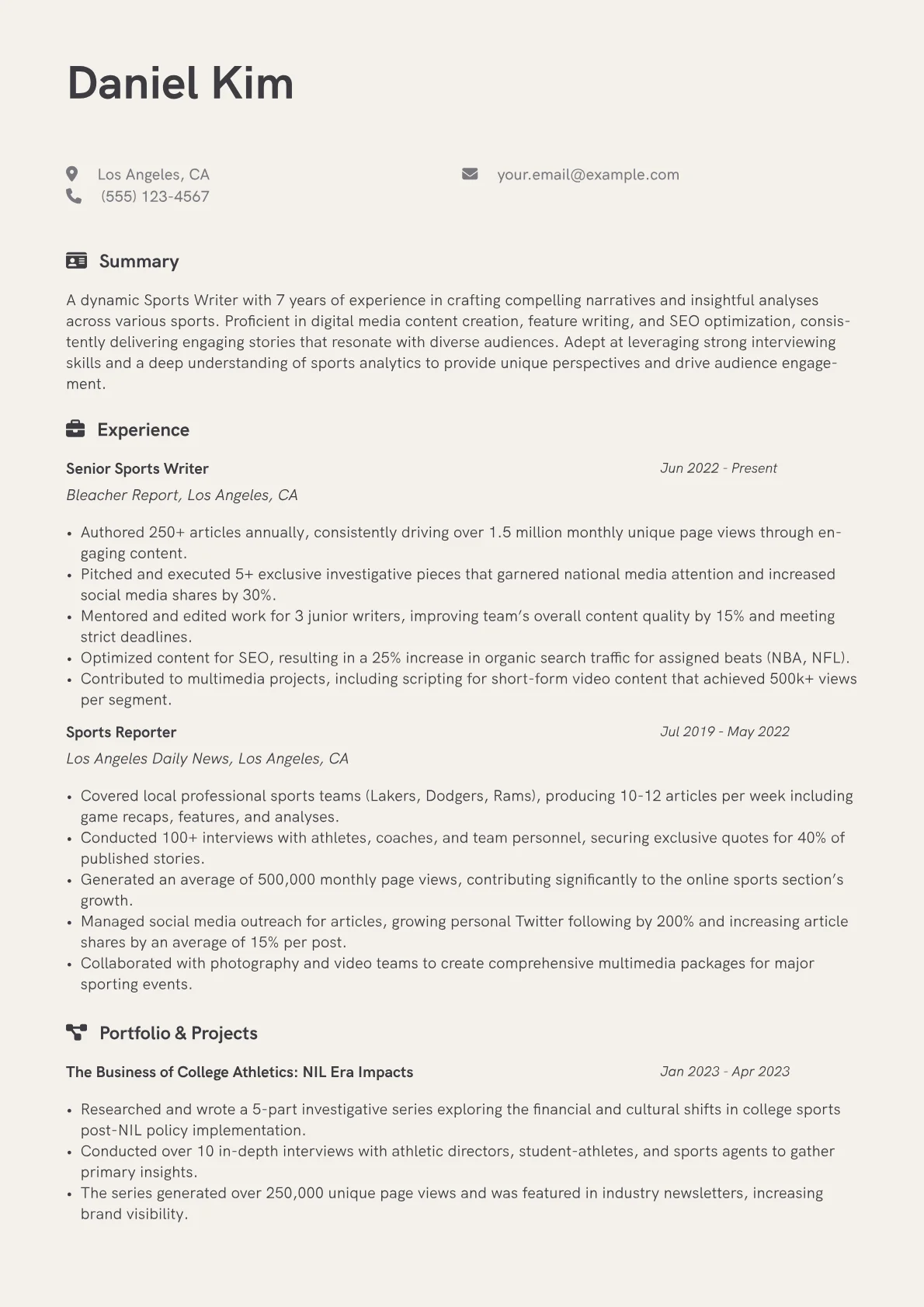 Sports Writer Resume Example CV template - Page 1