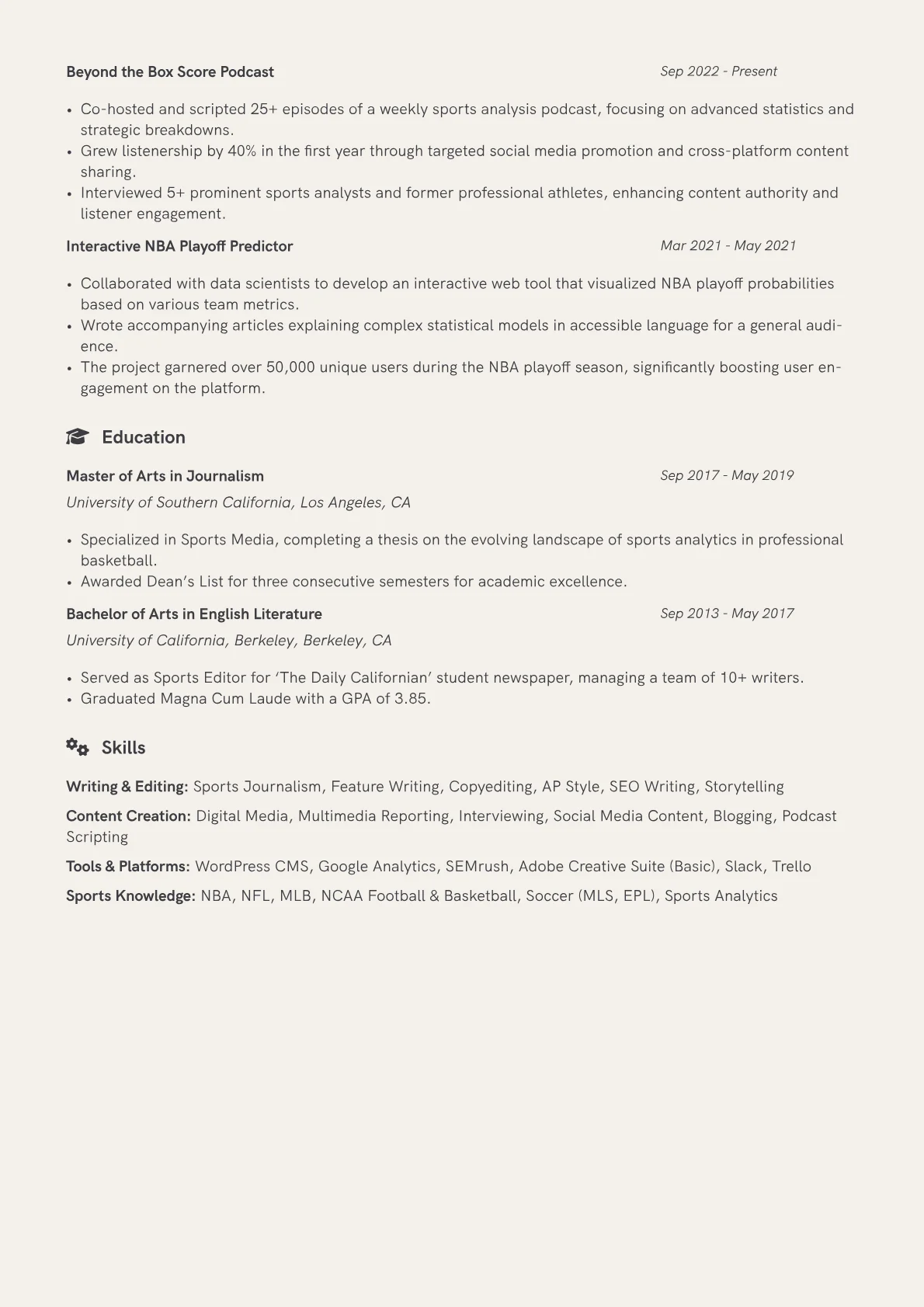 Sports Writer Resume Example CV template - Page 2
