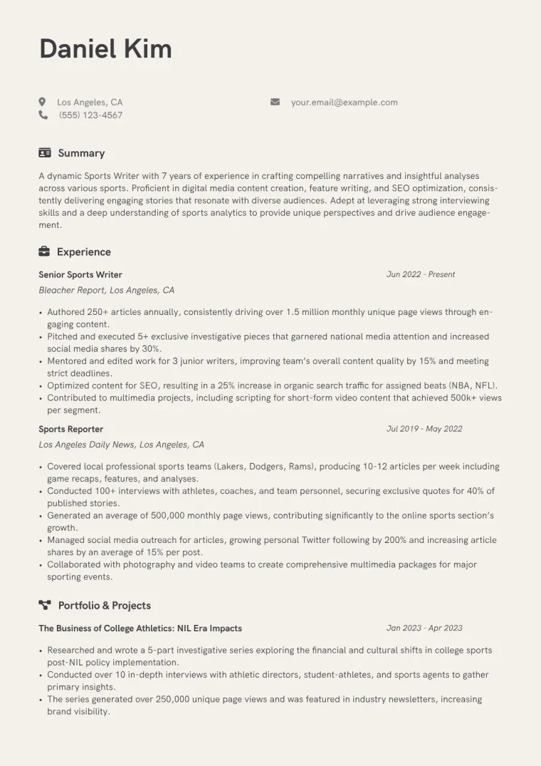 Sports Writer Resume Example CV template preview