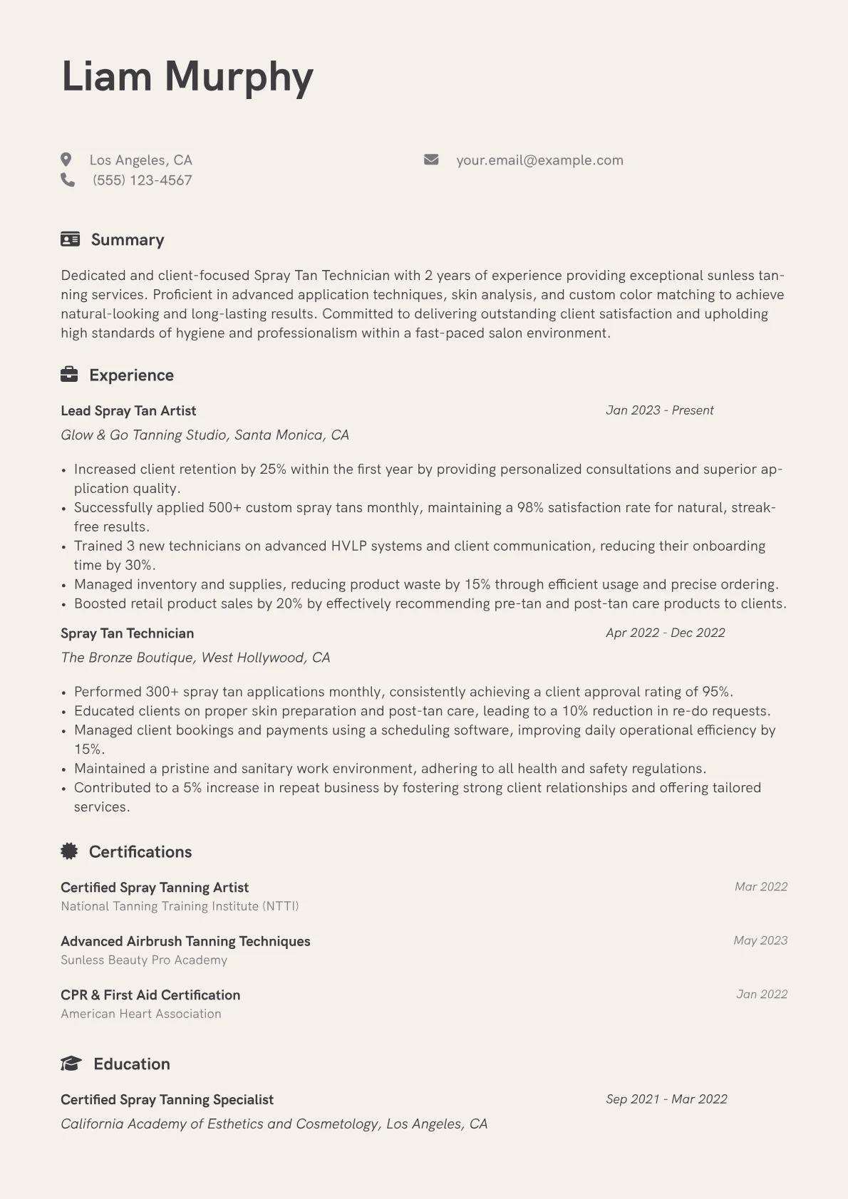 Spray Tan Technician Resume Example CV template - Page 1