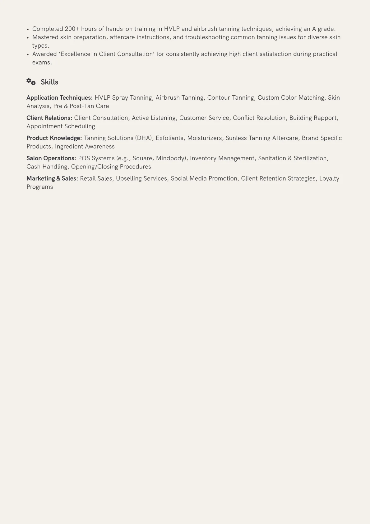 Spray Tan Technician Resume Example CV template - Page 2