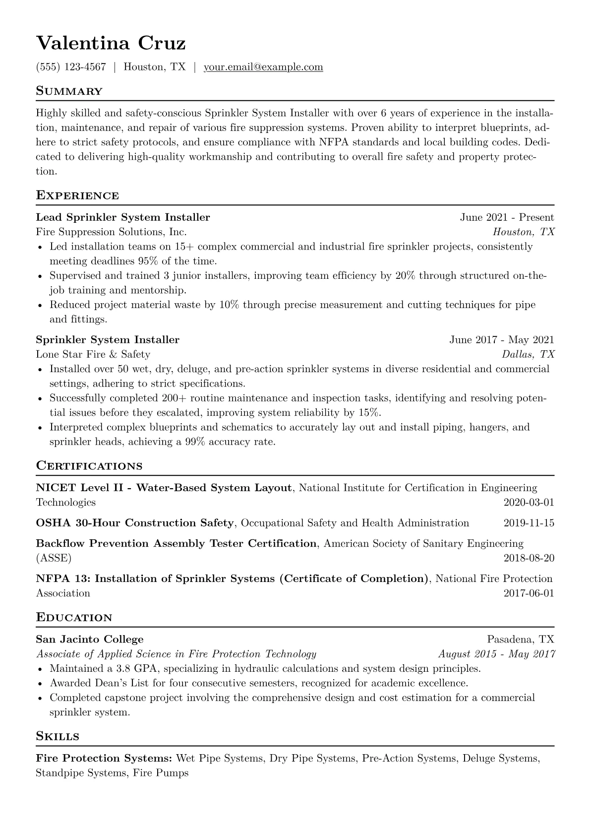 Sprinkler System Installer Resume Example CV template - Page 1