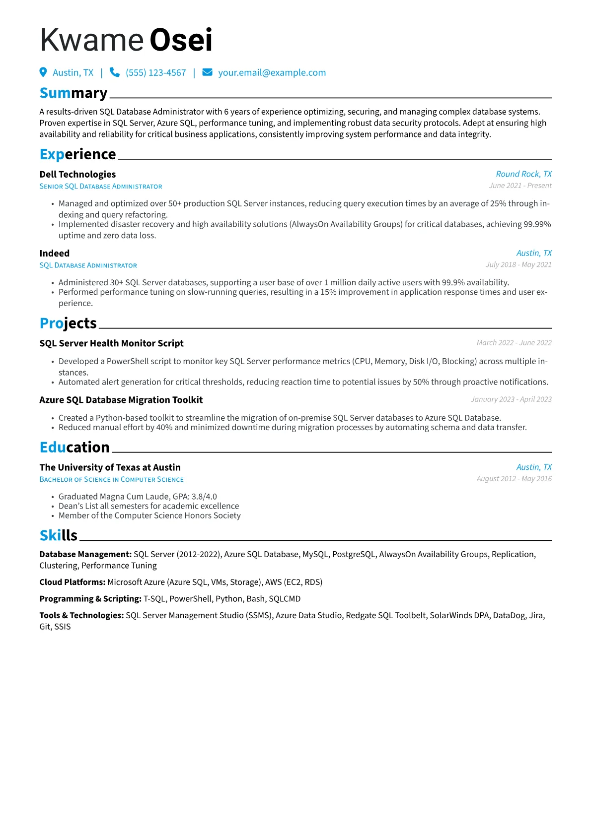 SQL Database Administrator Resume Example CV template - Page 1
