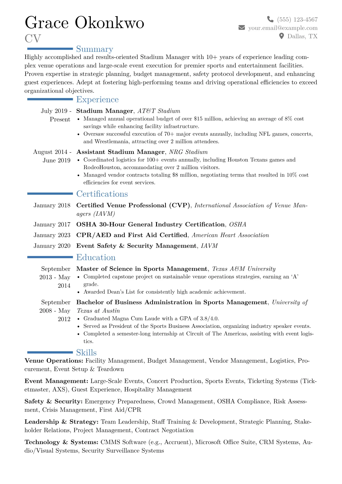 Stadium Manager Resume Example CV template - Page 1