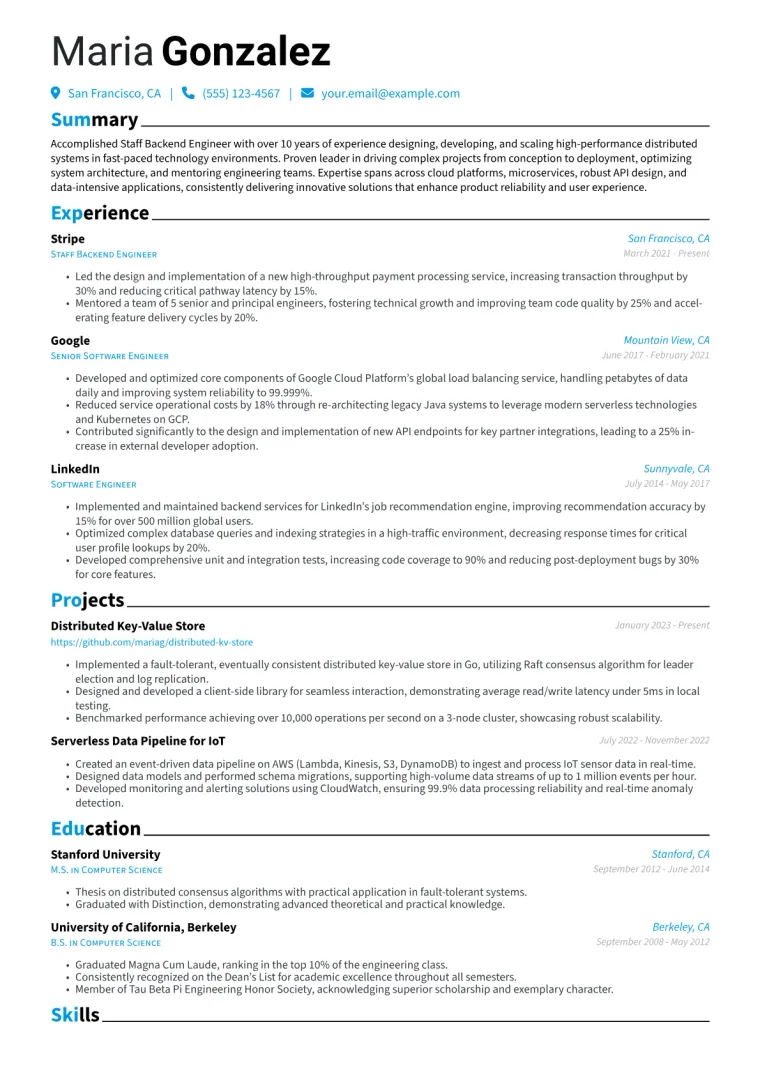 Staff Backend Engineer Resume Example CV template preview