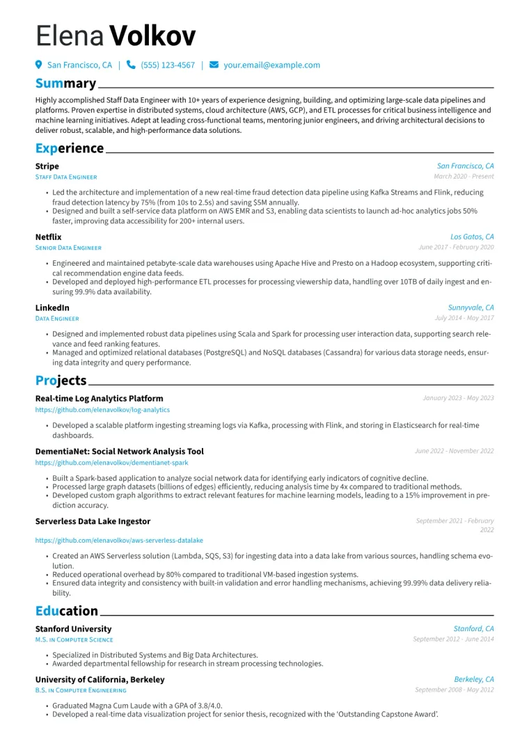 Staff Data Engineer Resume Example CV template preview