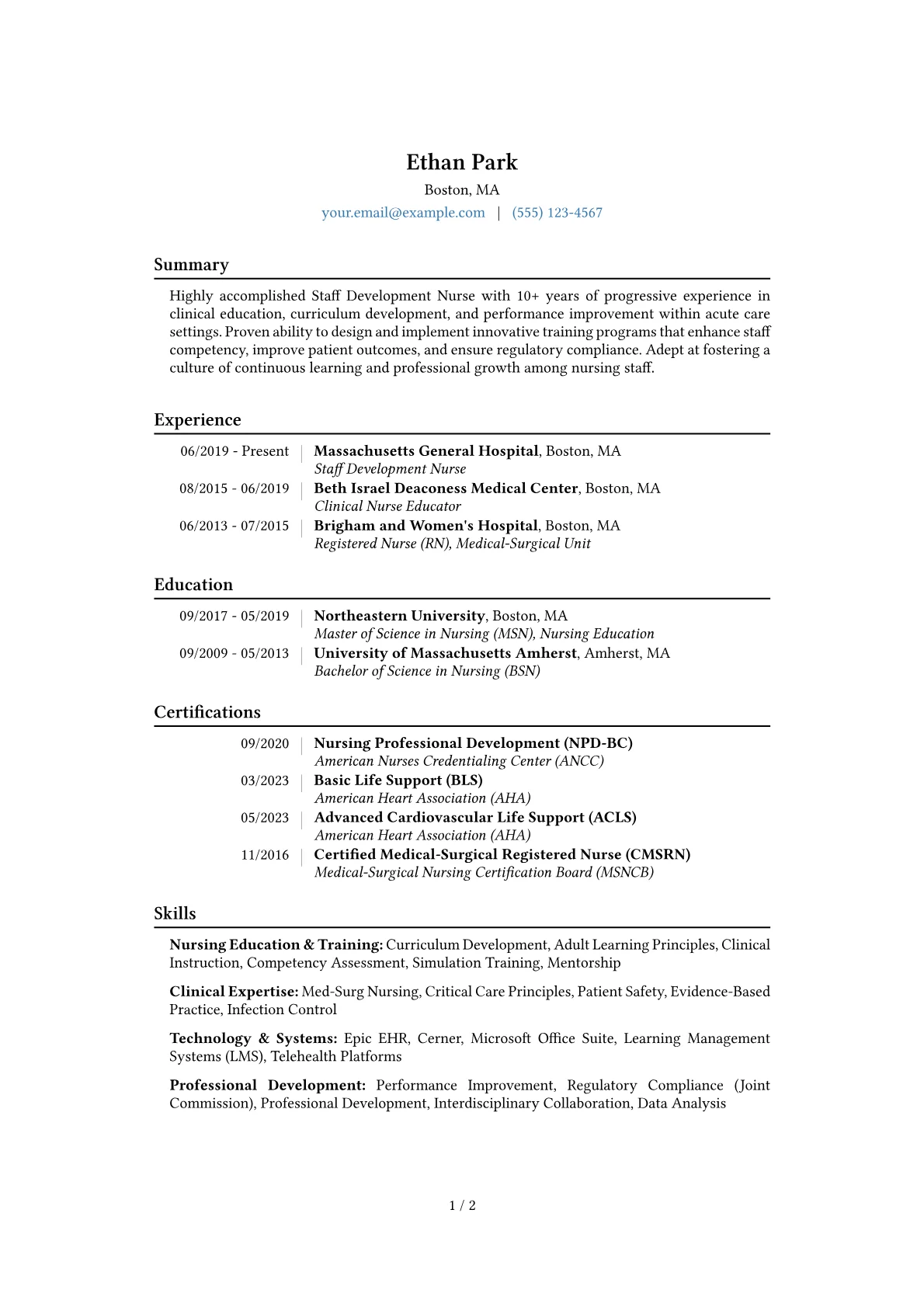 Staff Development Nurse Resume Example CV template - Page 1
