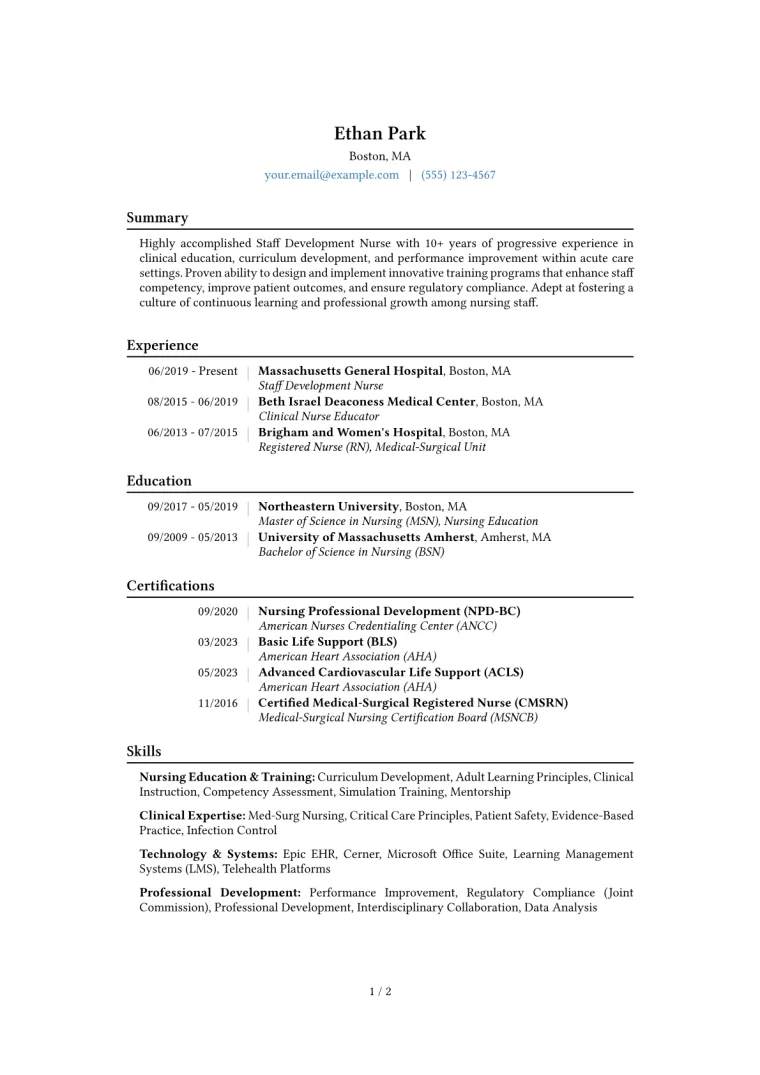 Staff Development Nurse Resume Example CV template preview