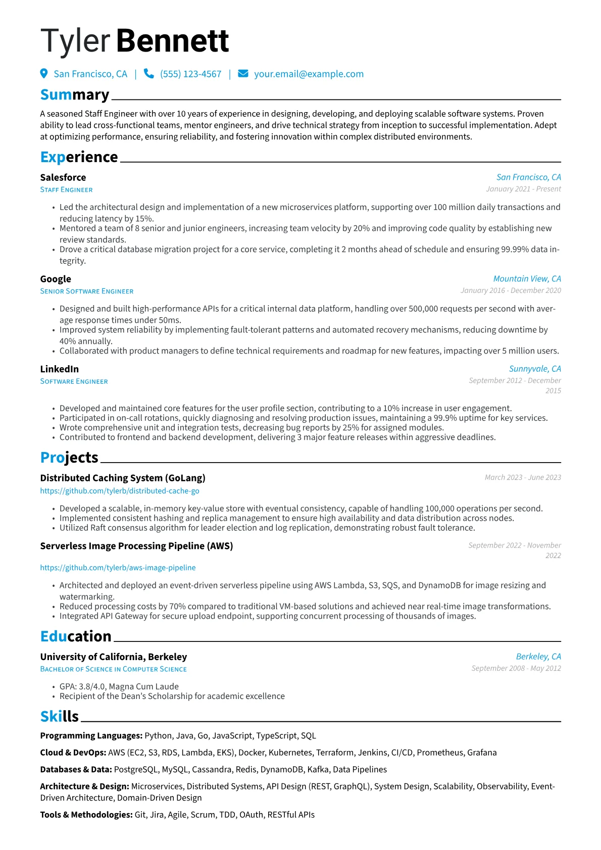 Staff Engineer Resume Example CV template - Page 1