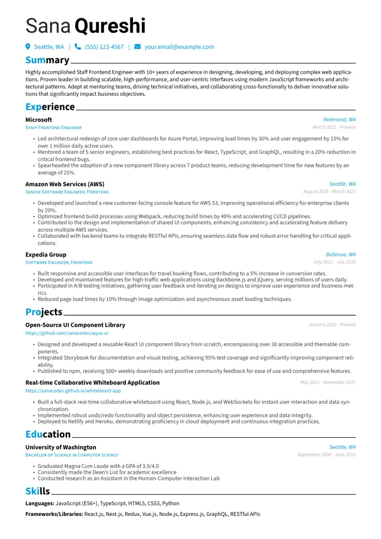 Staff Frontend Engineer Resume Example CV template preview