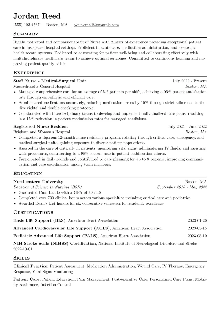 Staff Nurse Resume Example CV template preview