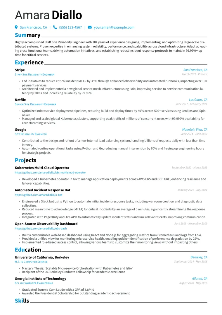 Staff Site Reliability Engineer Resume Example CV template preview