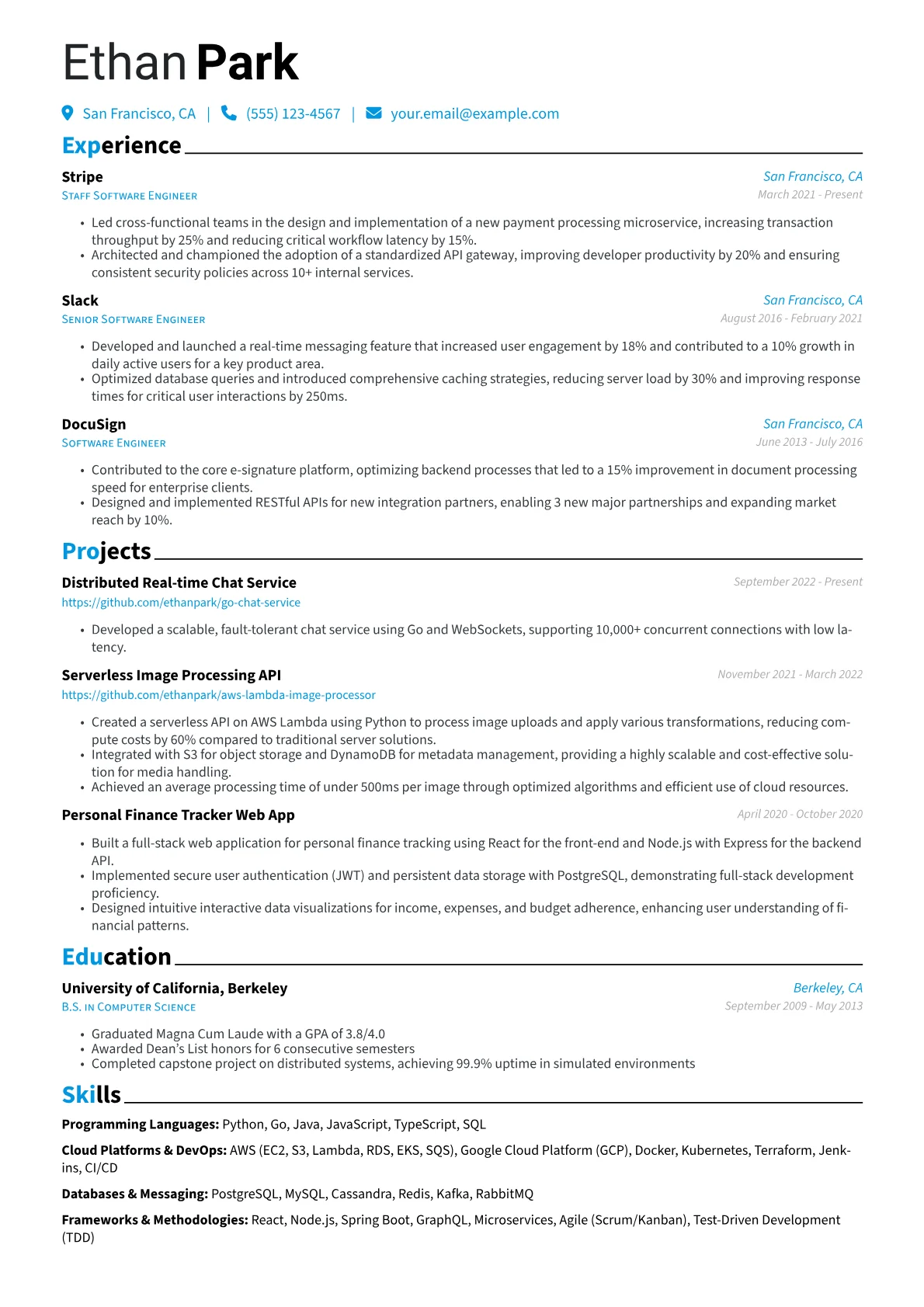 Staff Software Engineer Resume Example CV template - Page 1