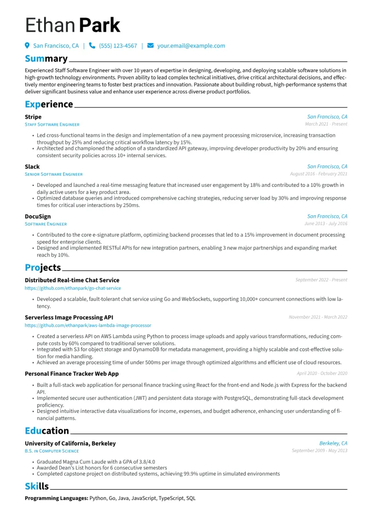 Staff Software Engineer Resume Example CV template preview