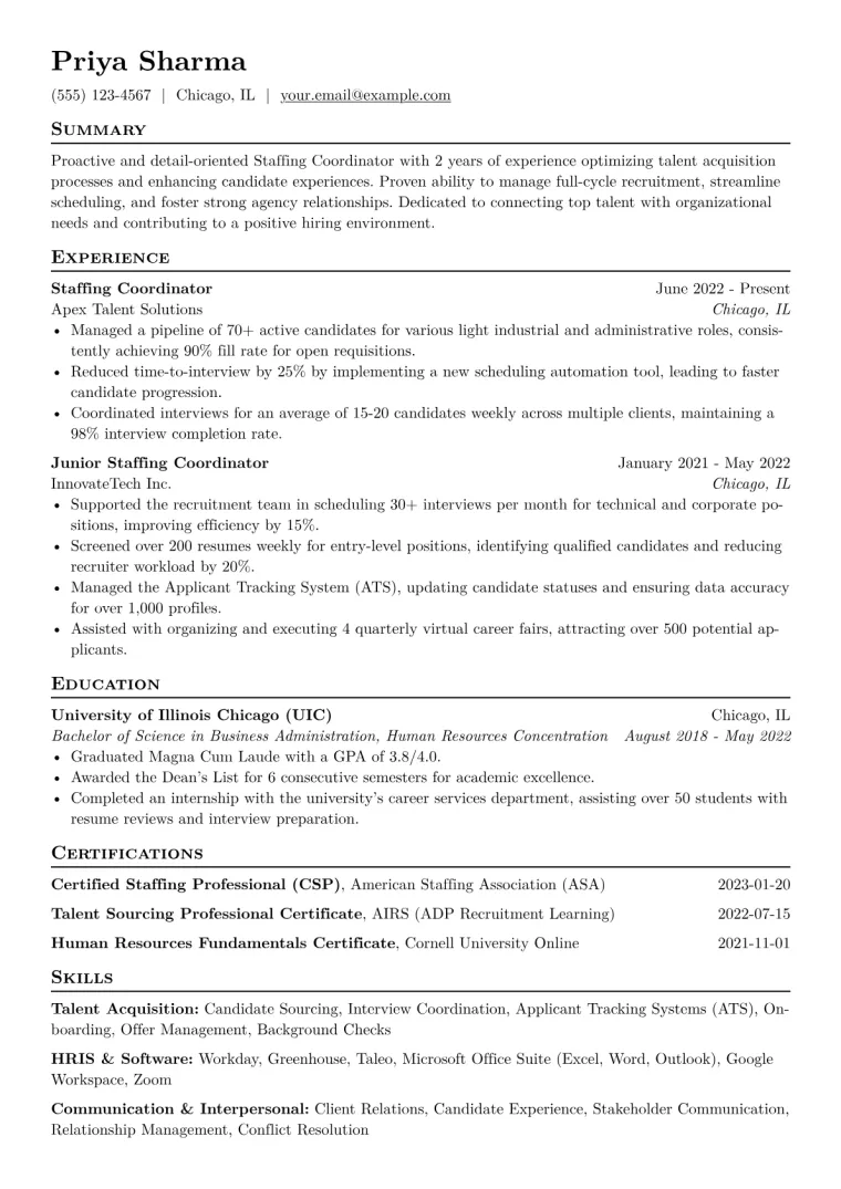 Staffing Coordinator Resume Example CV template preview